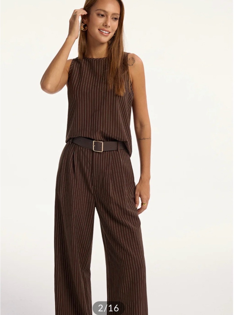 Striped Brown Wide-Leg Jumpsuit with Belt - Picture 2 of 6